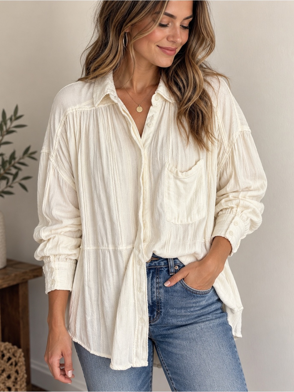 Free People "Cozy" Ivory Gauze Oversized Boho Tunic Button Shirt